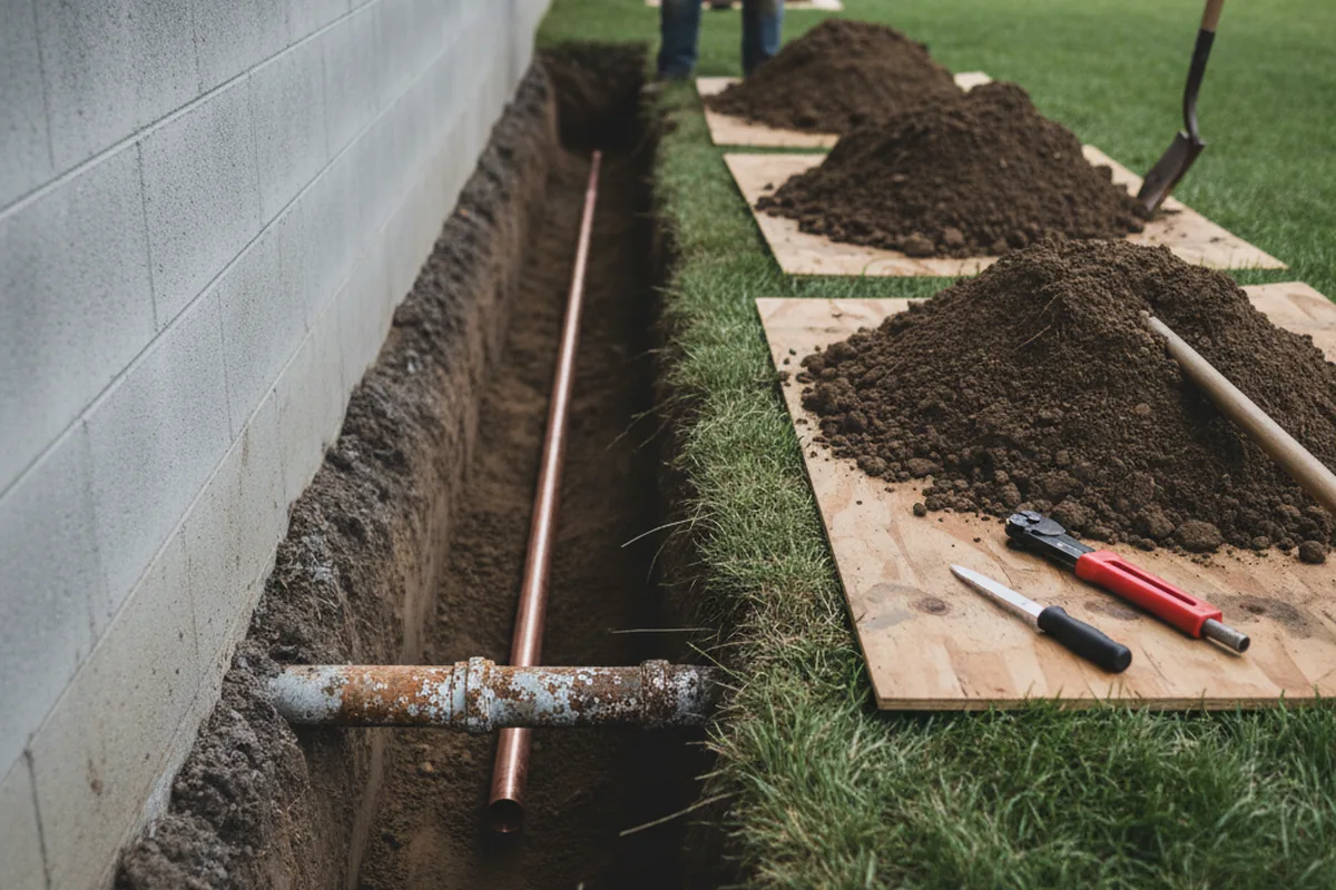 Excavated water line trench during Water Softener Installation in Laconia